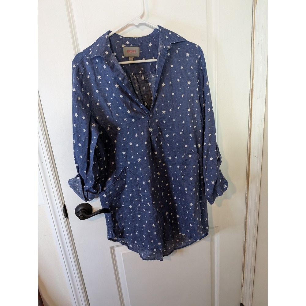 Forcynthia Beachwear Blue Linen Star Print Tunic Top Roll Tab Sleeve Medium